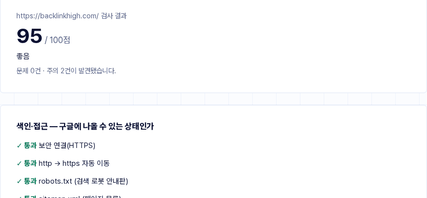 백링크하이 자체 SEO 진단 도구로 backlinkhigh.com을 검사한 실제 결과 — 100점 만점에 95점, 색인·접근 항목 통과