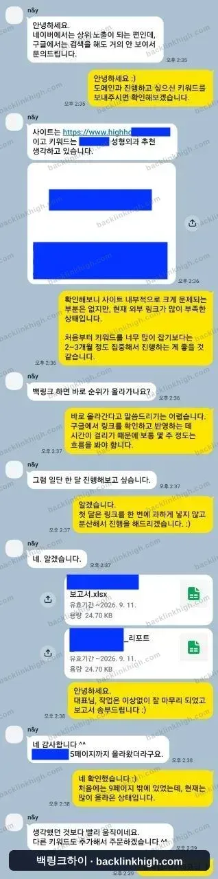 실제 고객사와 주고받은 진행 대화 캡처 — 구글 노출이 안 되던 사이트의 진행 경과