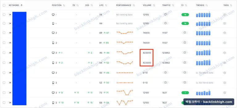 순위 추적 도구 화면 — 여러 키워드에서 1위·2위를 기록하고 월 검색량 823,000 키워드에서 2위를 차지한 표